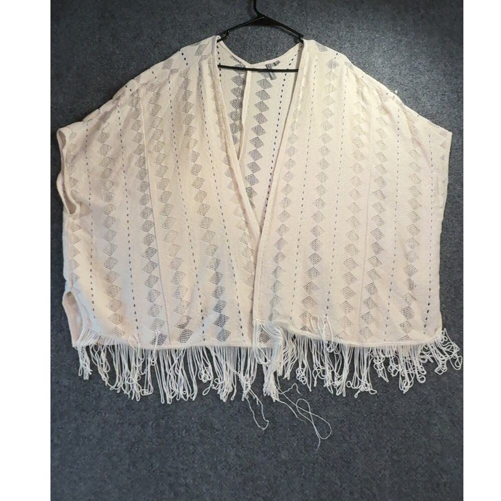 New Directions Weekend Women's Cream Crochet Knit Fringe Poncho Cardigan Size S